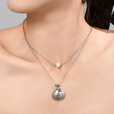 Collar de Doble Capa de Acero Inoxidable Con Colgante de Concha de Perla de Agua Dulce Joyería Chapada en PVD Oro Plata para Mujer