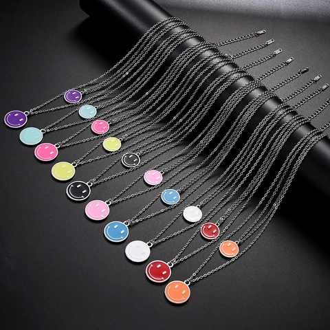 Collar con Colgante de Cara Sonriente de Doble Capa de Acero Inoxidable para Mujeres Hombres Esmalte Goteo de Aceite Chapado en PVD Joyería de Moda Regalo