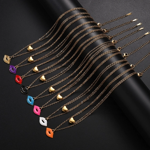 Collar de Doble Capa de Acero Inoxidable 304 Francés Mujer Colgante Corazón Labios Esmaltados Joyería de Moda Chapado en Oro Plata