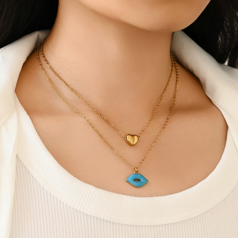 Collar de Doble Capa de Acero Inoxidable 304 Francés Mujer Colgante Corazón Labios Esmaltados Joyería de Moda Chapado en Oro Plata