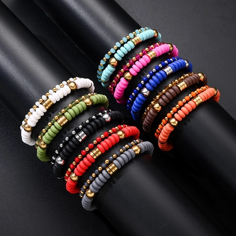 Juego de Pulseras Apilables de Cuentas Heishi Bohemias para Mujer Espaciadores de Acero Inoxidable Arcilla Polimérica Vidrio Joyería