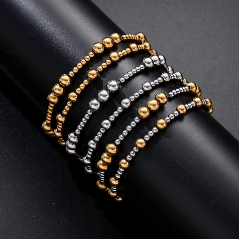 Pulsera de Cuentas de Acero Inoxidable Minimalista para Mujer Chapado en Oro de 18K Cadena de Bolas Elástica Joyería