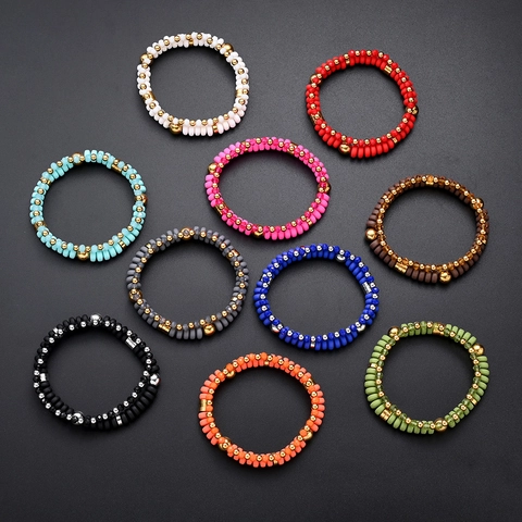 Juego de Pulseras Apilables de Cuentas Heishi Bohemias para Mujer Espaciadores de Acero Inoxidable Arcilla Polimérica Vidrio Joyería