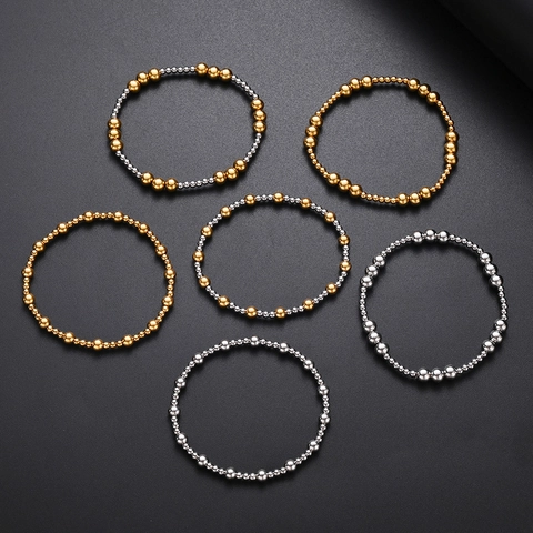 Pulsera de Cuentas de Acero Inoxidable Minimalista para Mujer Chapado en Oro de 18K Cadena de Bolas Elástica Joyería
