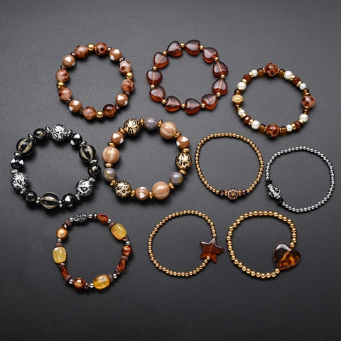 Juego de Pulseras de Cuentas de Acero Inoxidable con Estampado de Leopardo para Mujer Pulsera Elástica con Colgante de Corazón y Estrella Vintage