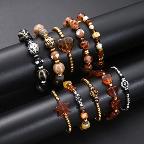 Juego de Pulseras de Cuentas de Acero Inoxidable con Estampado de Leopardo para Mujer Pulsera Elástica con Colgante de Corazón y Estrella Vintage