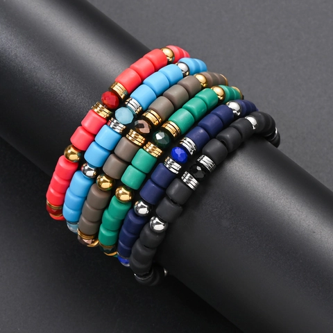 Pulsera Elástica de Cuentas de Arcilla Polimérica Bohemia para Hombre Mujer Cuentas de Acero Inoxidable Cristal de Vidrio Joyería Hecha a Mano