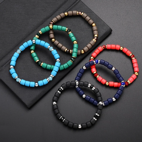 Pulsera Elástica de Cuentas de Arcilla Polimérica Bohemia para Hombre Mujer Cuentas de Acero Inoxidable Cristal de Vidrio Joyería Hecha a Mano