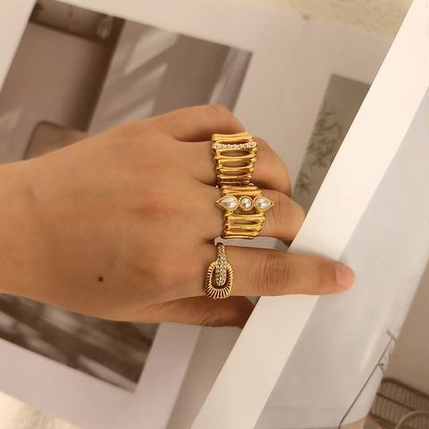 Vintage Edelstahl Künstliche Perle Skelett Offener Ring Für Damen Galvanisiert Gerippt Hohl Geometrisch Verstellbar Fingerring Schmuck