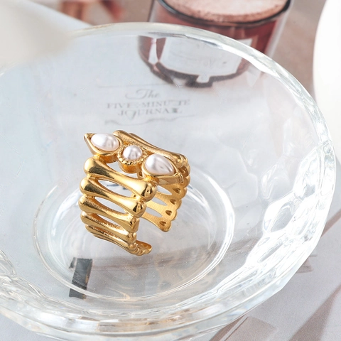 Vintage Edelstahl Künstliche Perle Skelett Offener Ring Für Damen Galvanisiert Gerippt Hohl Geometrisch Verstellbar Fingerring Schmuck