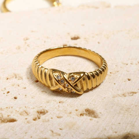 Stainless Steel X Shape Ring For Women Gold Plated Zircon Inlaid Beaded Ribbed Texture Retro Light Luxury Finger Jewelry