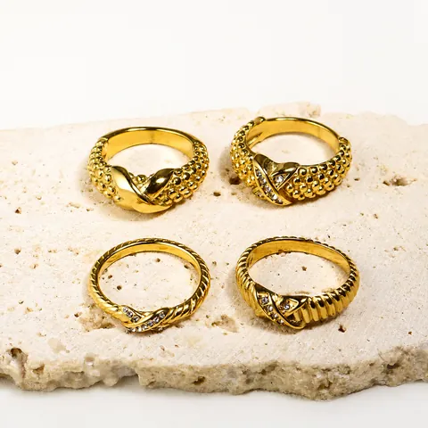 Stainless Steel X Shape Ring For Women Gold Plated Zircon Inlaid Beaded Ribbed Texture Retro Light Luxury Finger Jewelry