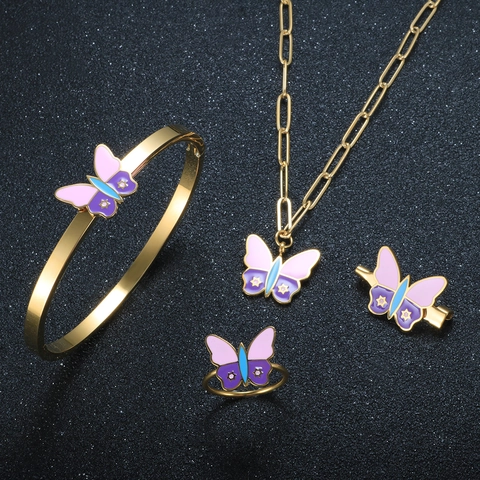 Stainless Steel Butterfly Jewelry Necklace Bracelet Ring Brooch With Pink Purple Enamel Star Pattern For Women Fashion Accessories