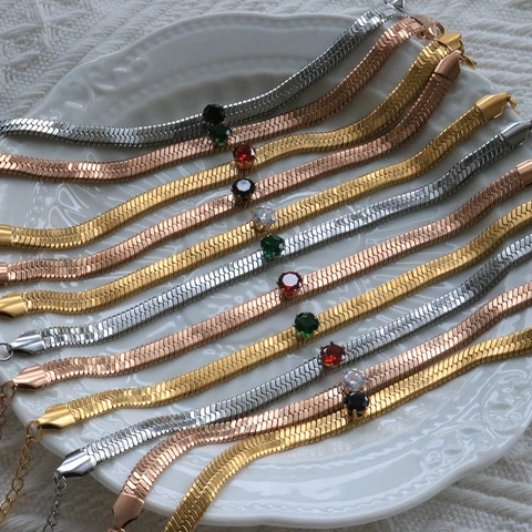 Fashion Alloy Herringbone Chain Jewelry Set Rhinestone Inlaid Gold Silver Plated Blade Necklace Bracelet For Women Party Gift