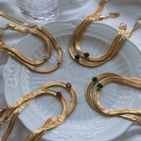 Fashion Alloy Herringbone Chain Jewelry Set Rhinestone Inlaid Gold Silver Plated Blade Necklace Bracelet For Women Party Gift