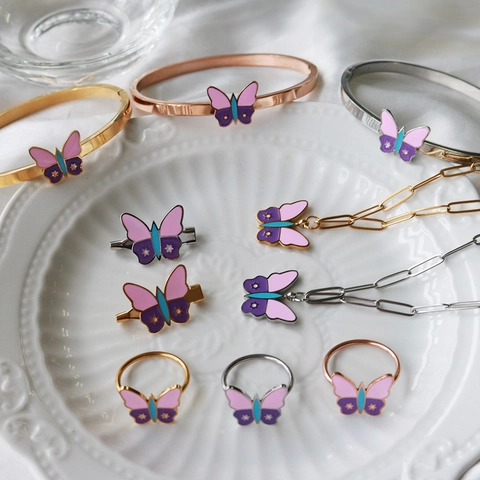 Stainless Steel Butterfly Jewelry Necklace Bracelet Ring Brooch With Pink Purple Enamel Star Pattern For Women Fashion Accessories