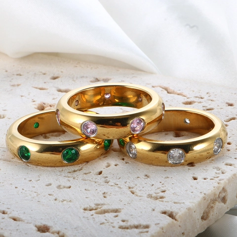 18K Vergoldet Edelstahl Kuppelring Für Damen Mit Eingesetzten Bunten Strasssteinen Modischer Alltag Fingerring Schmuck