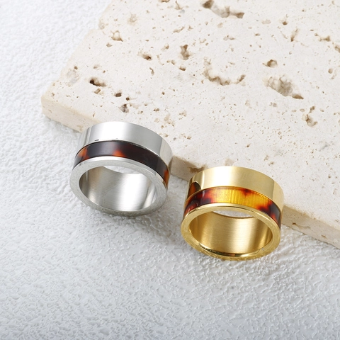 Vintage Titanium Steel Ring Tortoiseshell Resin Inlay Wide Band Finger Ring Gold Rose Gold Silver Geometric Jewelry For Women