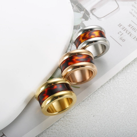 Geometric Rotating Stainless Steel Tortoiseshell Resin Inlay Ring 18K Gold Plated Wide Band Fashion Jewelry For Men Women