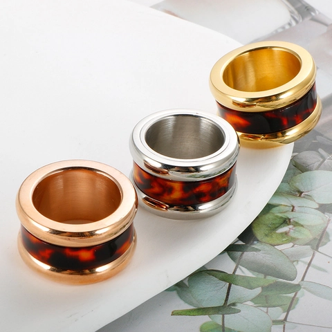 Geometric Rotating Stainless Steel Tortoiseshell Resin Inlay Ring 18K Gold Plated Wide Band Fashion Jewelry For Men Women