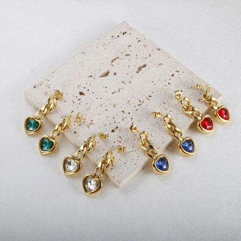 Moda Acero Inoxidable Corazón Joyería Collar Pulsera Pendientes para Mujer Chapado en Oro Cadena Cubana Gema Colorida Accesorio
