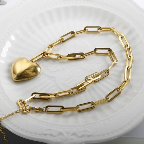 Stainless Steel Heart Pendant Necklace For Women 18K Gold Plated 3D Love Paperclip Link Chain Fashion Minimalist Necklaces