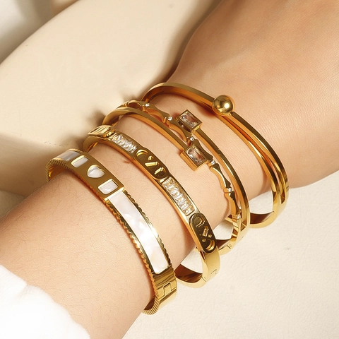 Vintage Stainless Steel Bangle For Women Gold Silver Plated Emerald Green Square Zirconia Hollow Geometric Jewelry Gift