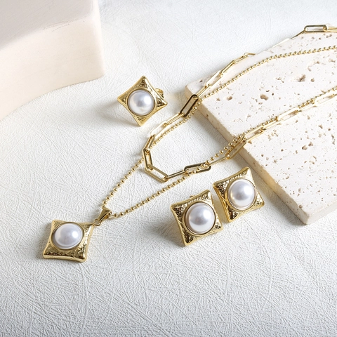 Vintage Stainless Steel Artificial Pearl Hammered Square Necklace Earrings Open Ring Women Fashion Jewelry Accessories