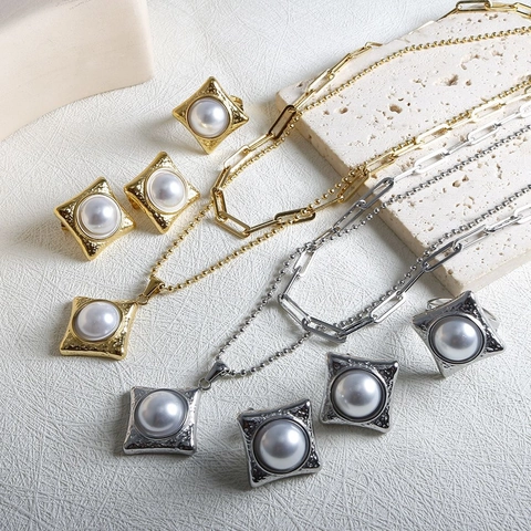 Vintage Stainless Steel Artificial Pearl Hammered Square Necklace Earrings Open Ring Women Fashion Jewelry Accessories