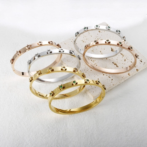 Stainless Steel Star Rhinestone Bangle For Women Fashion Electroplated Inlaid Hinged Star Cuff Bracelet Jewelry Gift