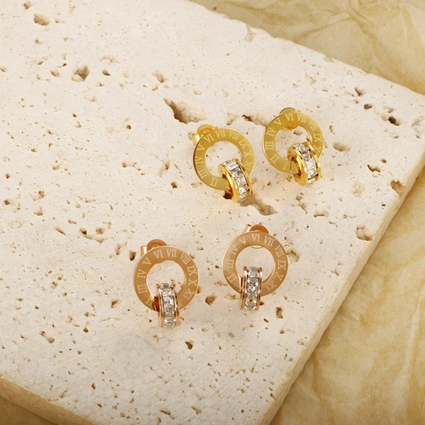 Edelstahl Römische Zahlen Doppelring Ohrstecker Strass Eingelegt Gold Silber Schmuck Für Damen Fashion Hip Hop Ohrringe