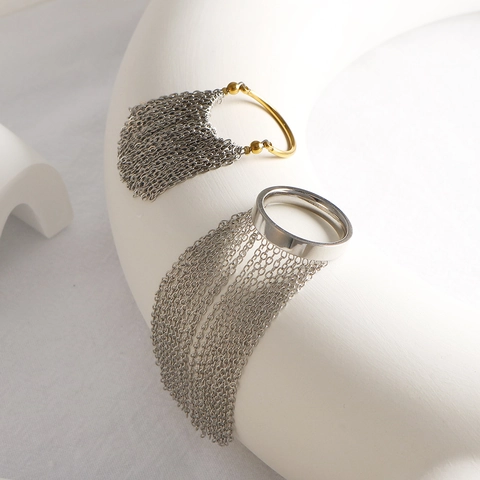 Europäischer Stil Edelstahl Quaste Kette Ring Für Damen Minimalistische Mode Geometrische Schleife Ring Mit Langen Kettenquasten Schmuck