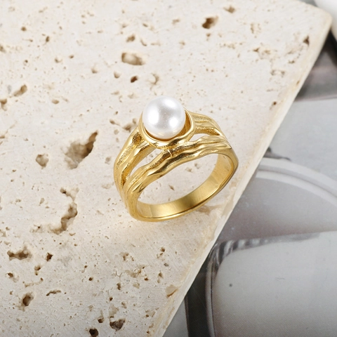 Französisch Retro Unregelmäßige Welle Edelstahl Ring Mit Künstlicher Perle Gold Silber Überzogen Minimalistischer Schmuck Damen