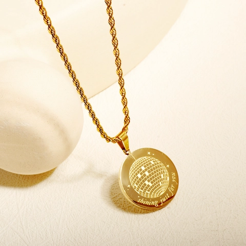 Stainless Steel Disco Ball Round Pendant Necklace For Women Engraved Lettering Stars Design Rope Chain Hip Hop Jewelry