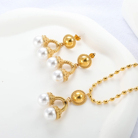 Parure de Bijoux Vintage en Acier Inoxydable avec Perle Artificielle pour Femme Collier Pendentif Rond Boucles d'Oreilles