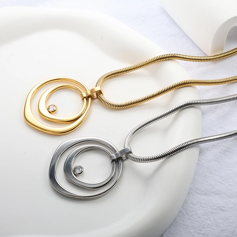 Stainless Steel Double Circle Zircon Pendant Necklace And Earrings Set 18K Gold Plated Snake Chain Jewelry Set For Women