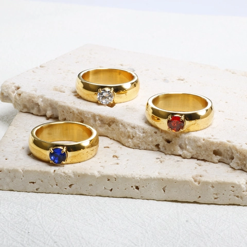 Luxury Stainless Steel Ring For Women Gold Plated Wide Band Single Sparkly Rhinestone Tarnish Free Fashion Jewelry Ring