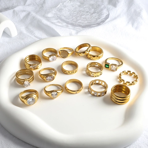 Fashion Stainless Steel 18K Gold Plated Zirconia Ring For Women Heart Geometric Wide Band Ring Wedding Party Jewelry