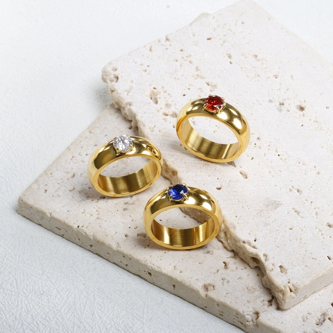 Luxury Stainless Steel Ring For Women Gold Plated Wide Band Single Sparkly Rhinestone Tarnish Free Fashion Jewelry Ring