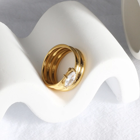 Fashion Stainless Steel 18K Gold Plated Zirconia Ring For Women Heart Geometric Wide Band Ring Wedding Party Jewelry