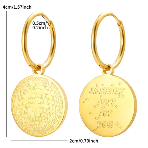 Stainless Steel Disco Ball Dangle Hoop Earrings Shining Just For You Engraved Round Pendant Gold Silver Plated Fashion Jewelry