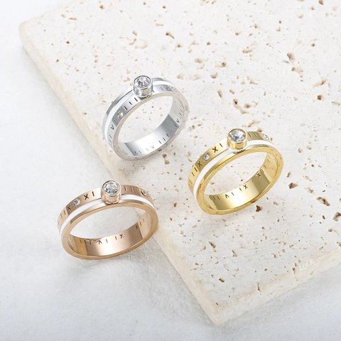 Roman Numeral Stainless Steel Ring Zirconia Inlaid White Enamel Band Ring Fashion Jewelry For Women Men Gold Silver
