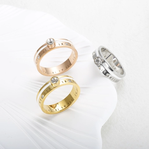 Roman Numeral Stainless Steel Ring Zirconia Inlaid White Enamel Band Ring Fashion Jewelry For Women Men Gold Silver