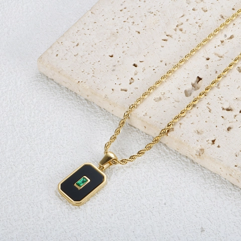 Vintage Edelstahl Kordelkette Anhänger Halskette Für Damen Herren Gold Silber Rechteckige Schwarze Emaille Grüne Strass Schmuck