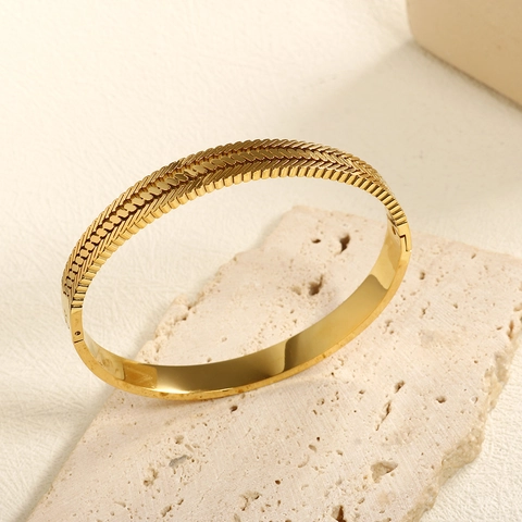 Vintage Wheat Ear Stainless Steel Bangle For Women Gold Plated Braided Herringbone Texture Hinged Bracelet Elegant Fashion Jewelry