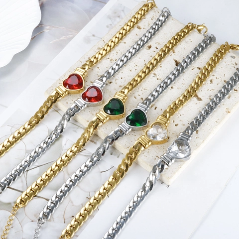 Titanium Steel Heart Zirconia Jewelry Set Gold Silver Plated Cuban Link Chain Necklace Bracelet For Women Fashion Accessories