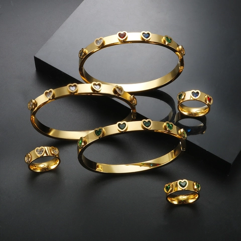 Fashion Stainless Steel Heart Multicolor Rhinestone Jewelry Collection For Women Gold Rose Gold Silver Bangle Finger Ring