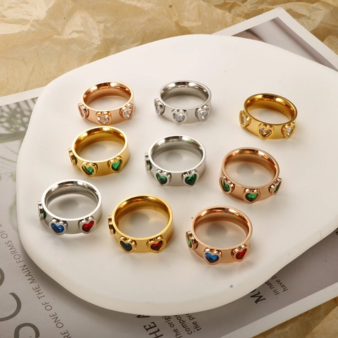 Luxury Stainless Steel Heart Zirconia Ring For Women Gold Rose Gold Silver Plated Colorful Stone Fashion Finger Jewelry