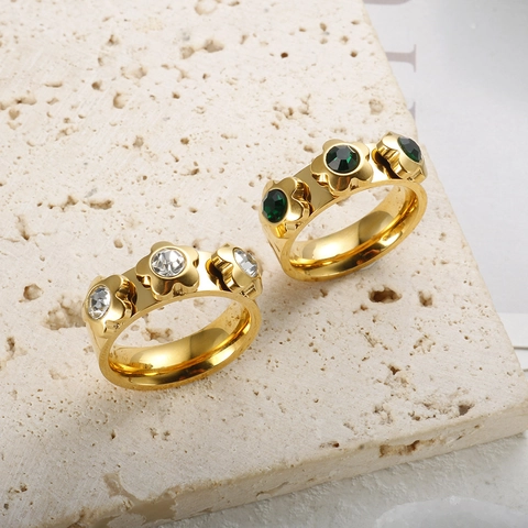 18K Gold Plated Stainless Steel Ring Green White Zirconia Heart Star Flower Geometric Band Ring For Women Jewelry Gift