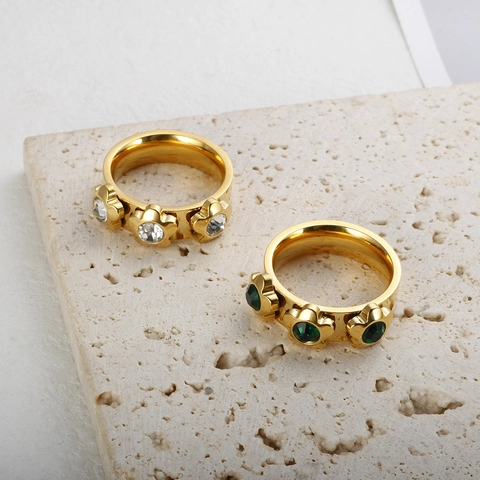 Vintage 18K Vergoldete Edelstahl Blumenringe Für Damen Eingelegt Grün Weiß Zirkonia Luxus Geometrische Fingerringe Schmuck
